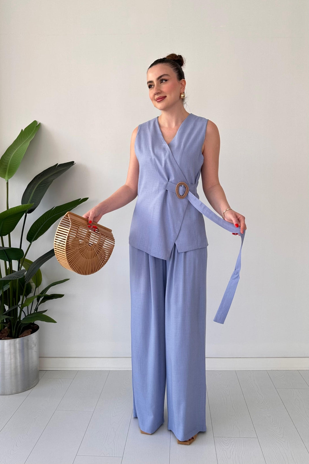 Linen Buckled Wrap Vest & Wide-Leg Pant Suit
