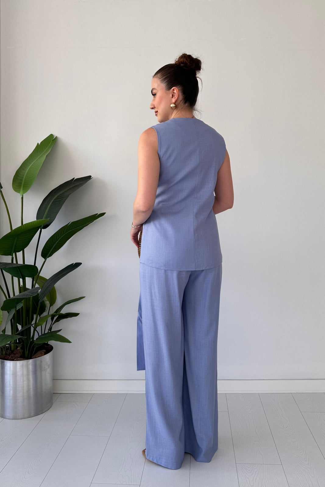 Linen Buckled Wrap Vest & Wide-Leg Pant Suit
