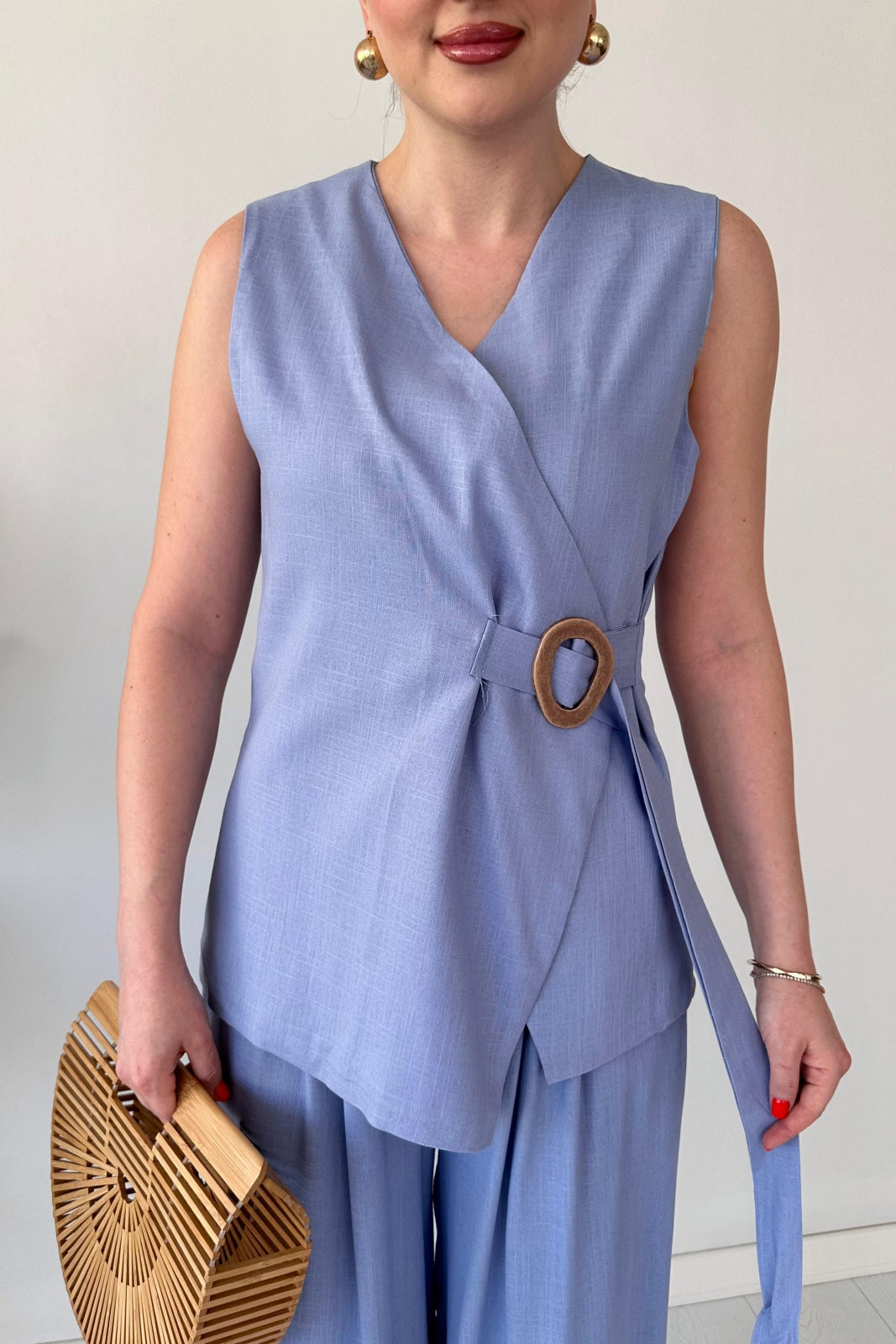 Linen Buckled Wrap Vest & Wide-Leg Pant Suit
