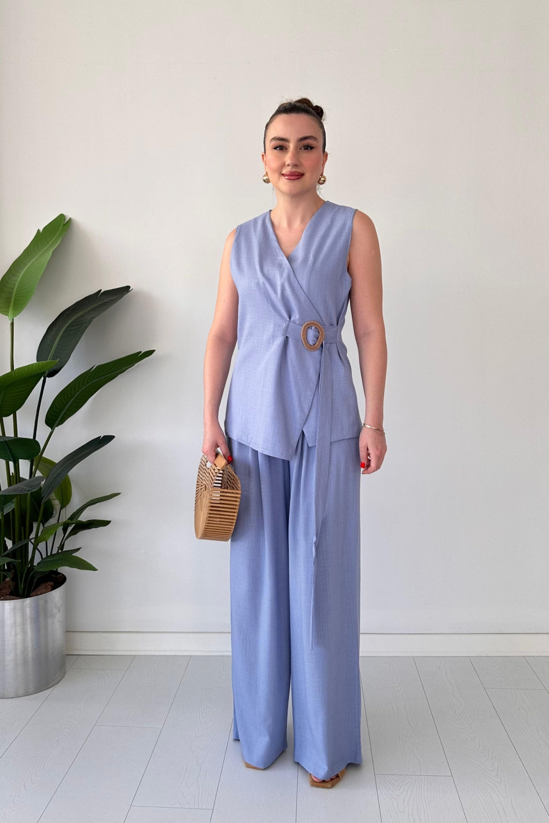 Linen Buckled Wrap Vest & Wide-Leg Pant Suit