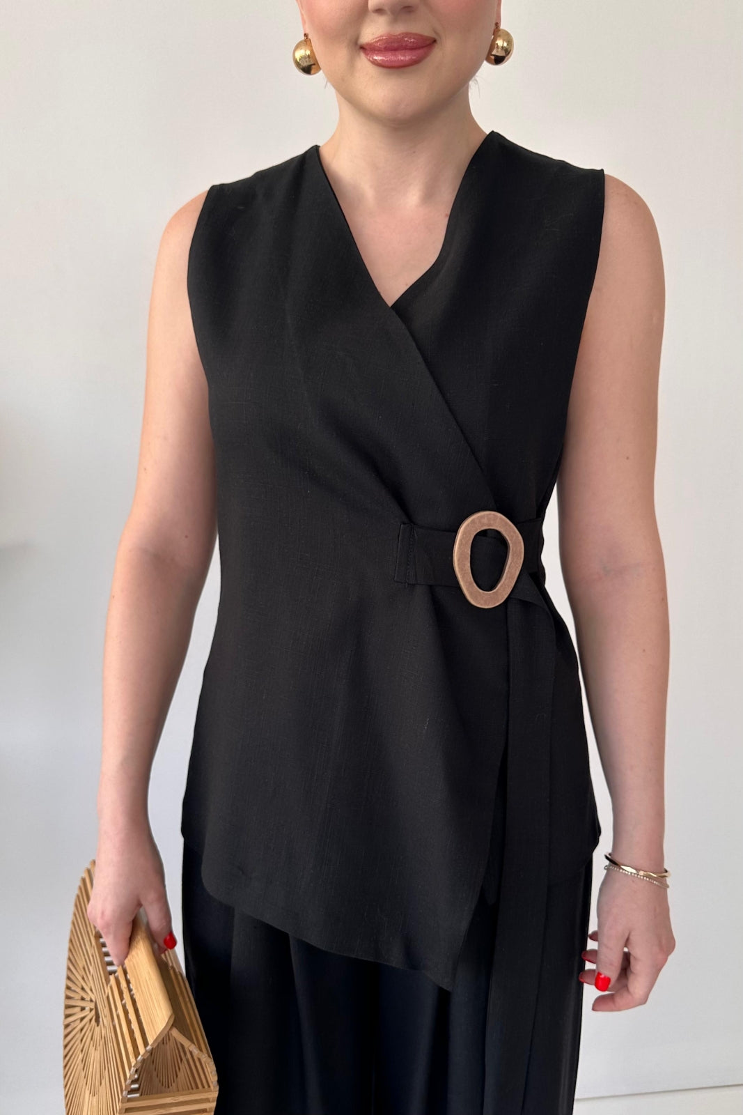 Linen Buckled Wrap Vest & Wide-Leg Pant Suit