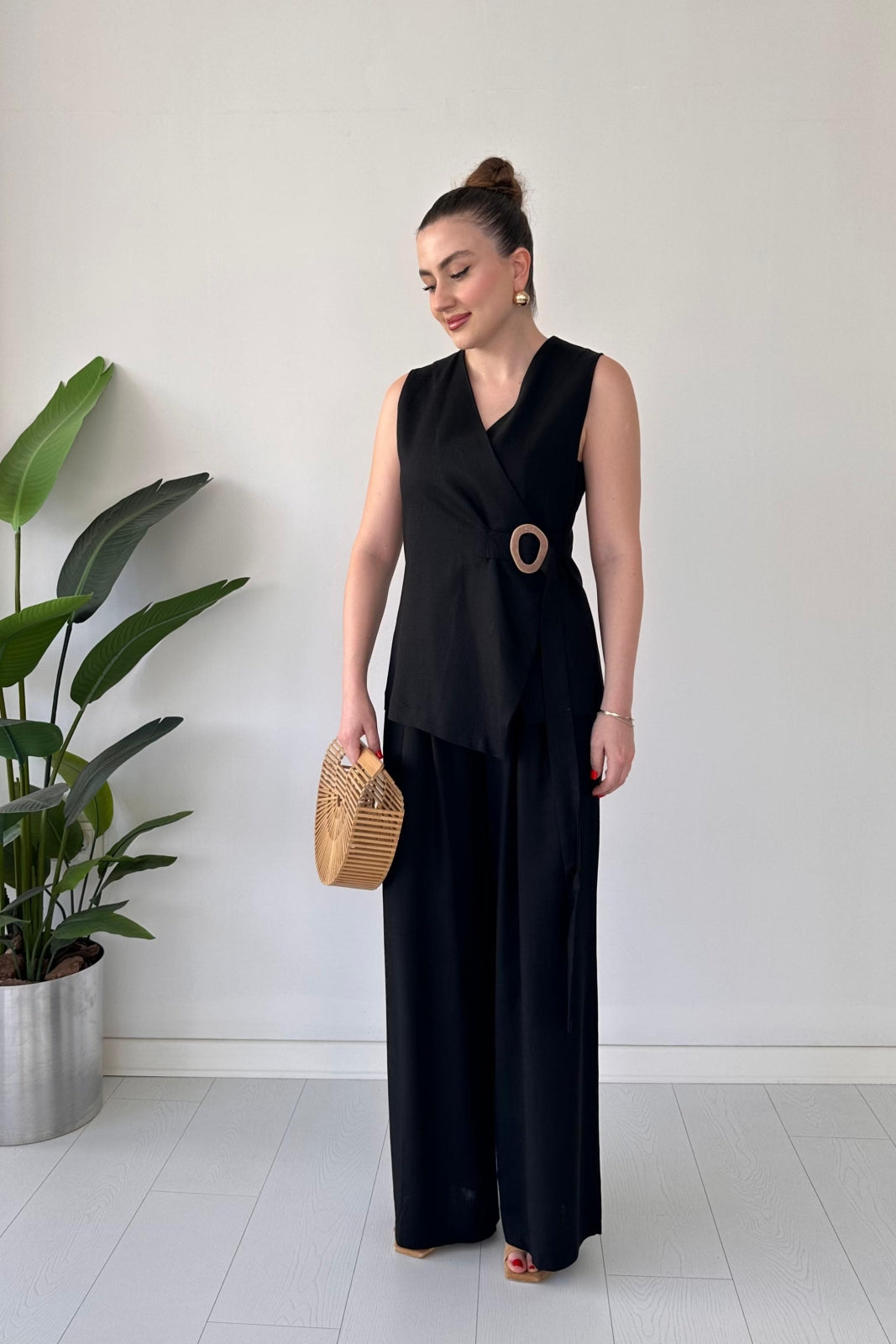 Linen Buckled Wrap Vest & Wide-Leg Pant Suit