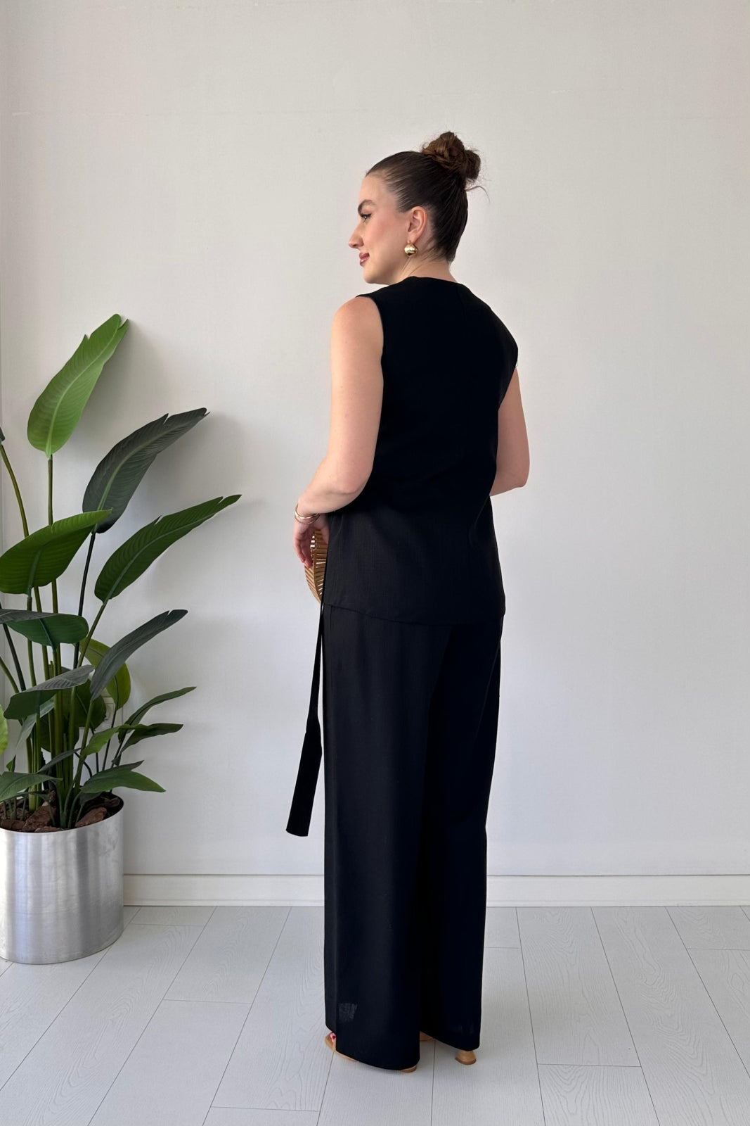 Linen Buckled Wrap Vest & Wide-Leg Pant Suit
