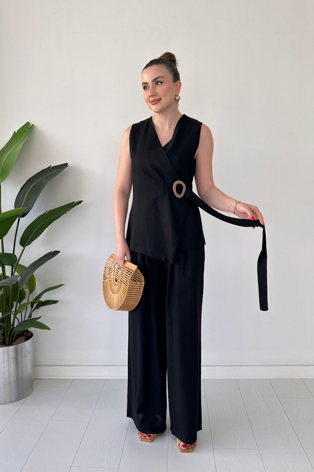 Linen Buckled Wrap Vest & Wide-Leg Pant Suit