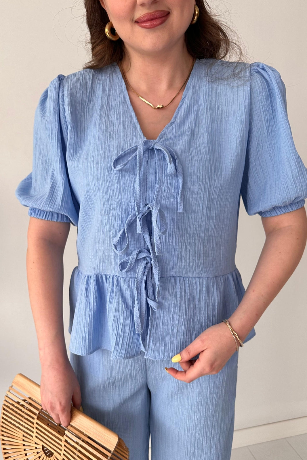 Triple-Tie Peplum Top & Wide-Leg Pants Set