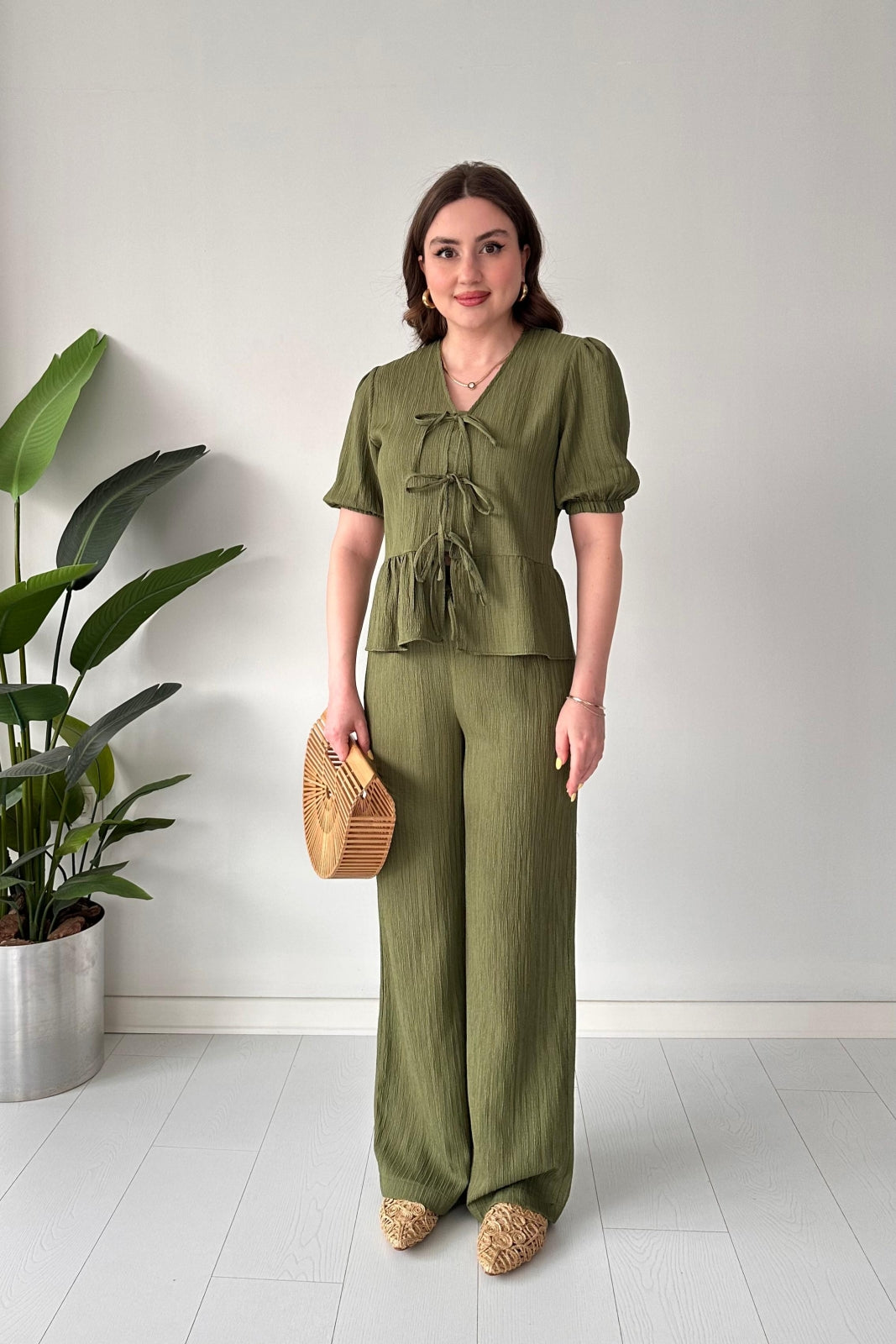 Triple-Tie Peplum Top & Wide-Leg Pants Set