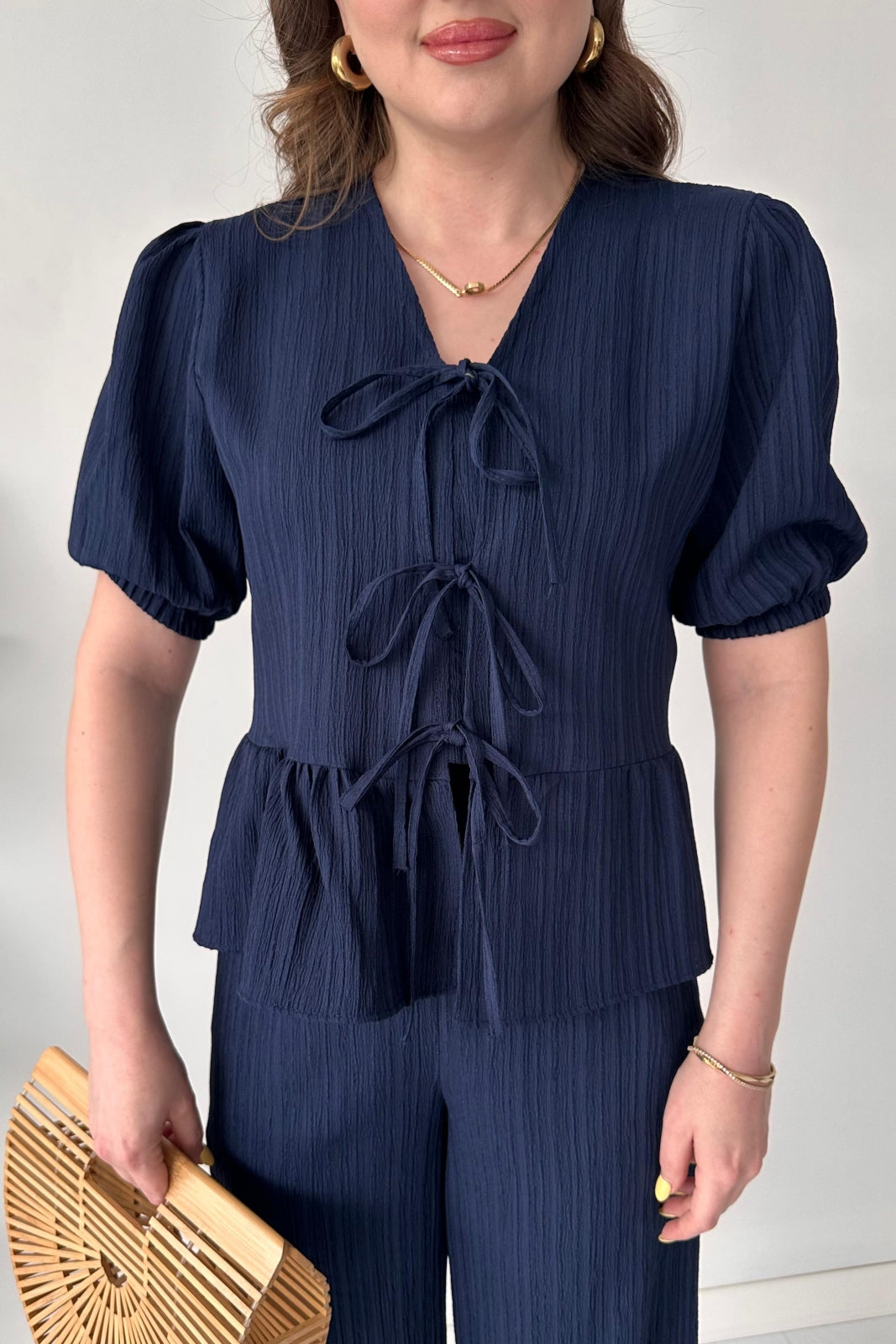 Triple-Tie Peplum Top & Wide-Leg Pants Set