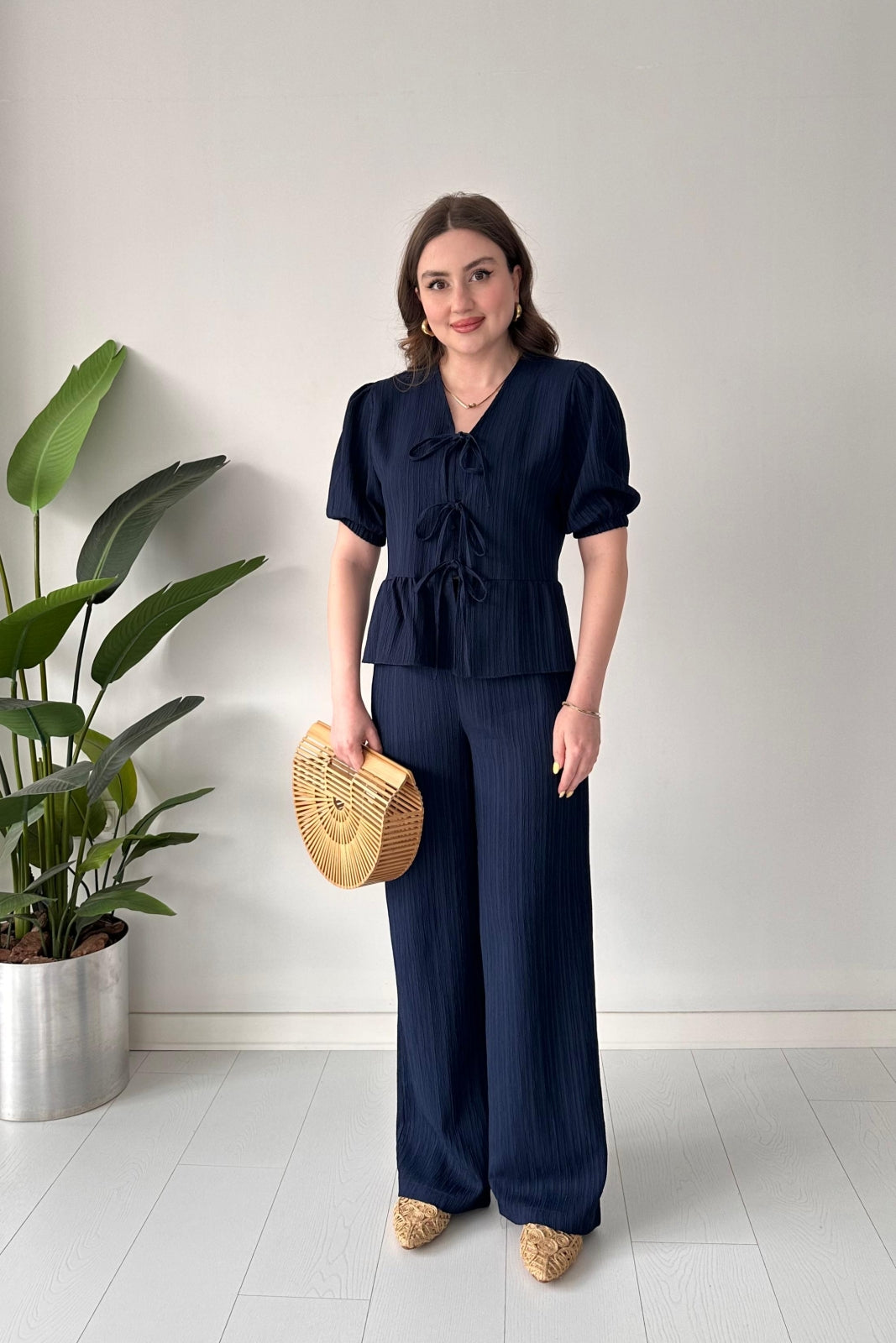 Triple-Tie Peplum Top & Wide-Leg Pants Set