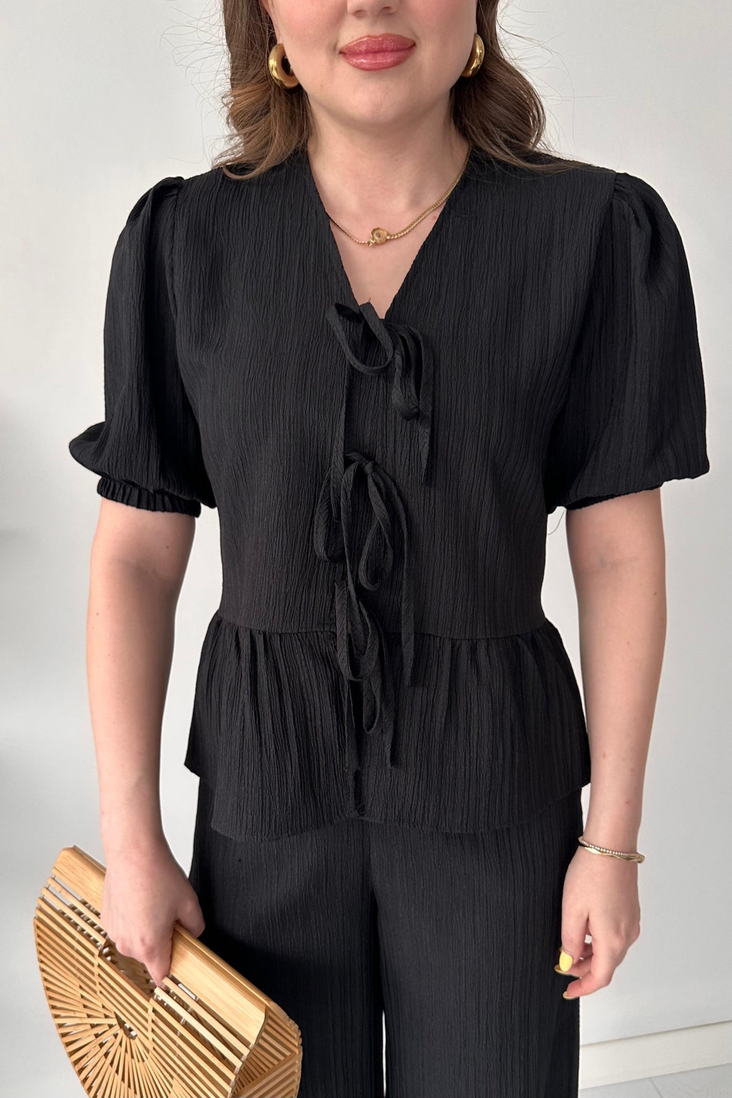 Triple-Tie Peplum Top & Wide-Leg Pants Set