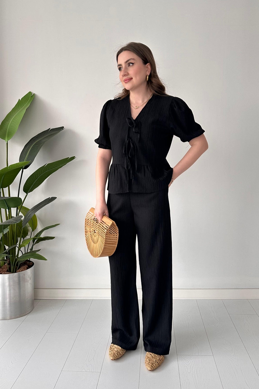 Triple-Tie Peplum Top & Wide-Leg Pants Set