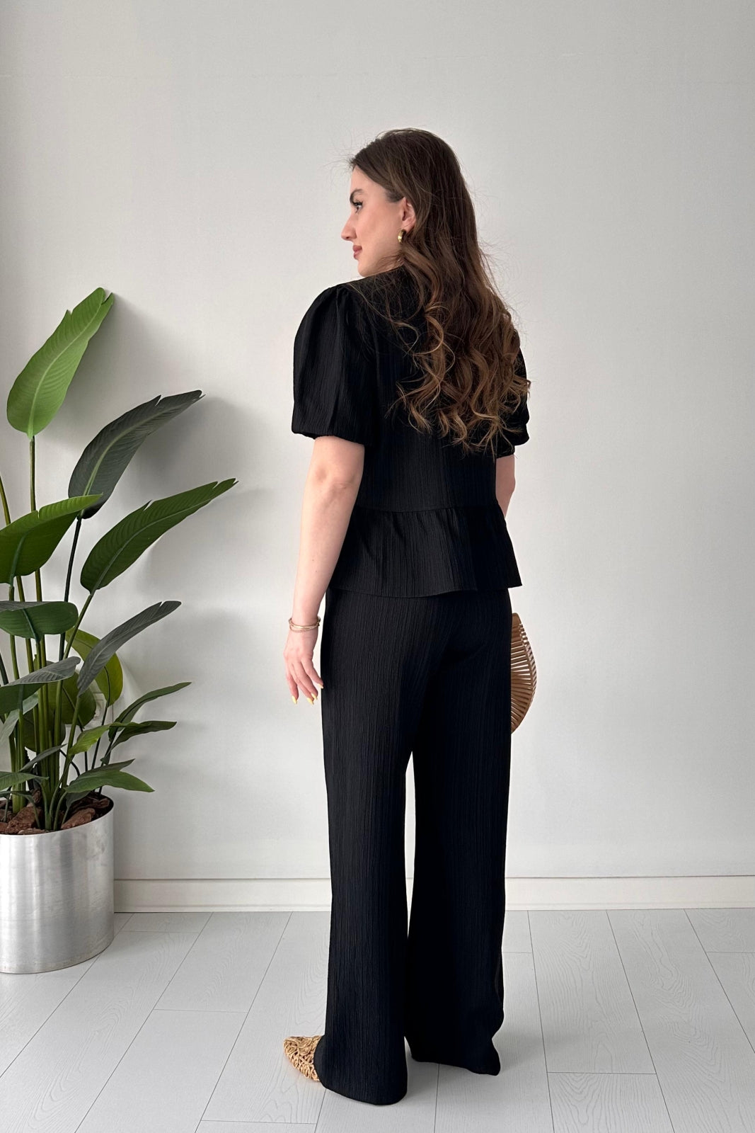 Triple-Tie Peplum Top & Wide-Leg Pants Set
