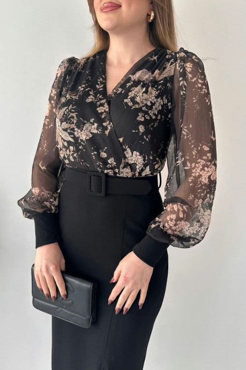 Floral Chiffon-Sleeve Belted Dress