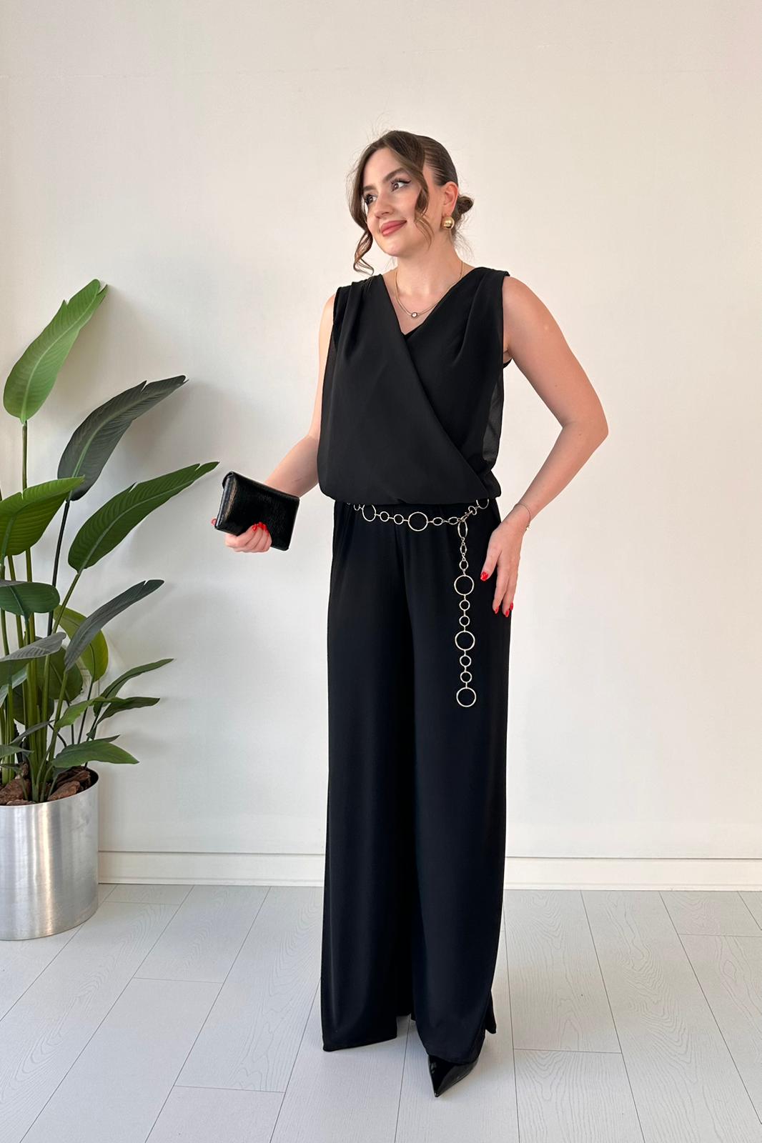 Draped Wrap-Front Chain Belted Jumpsuit
