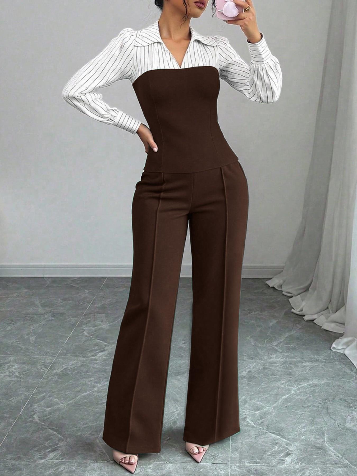 Women's Elegant Striped V-Neck Blouse & Wide-Leg Trouser Set
