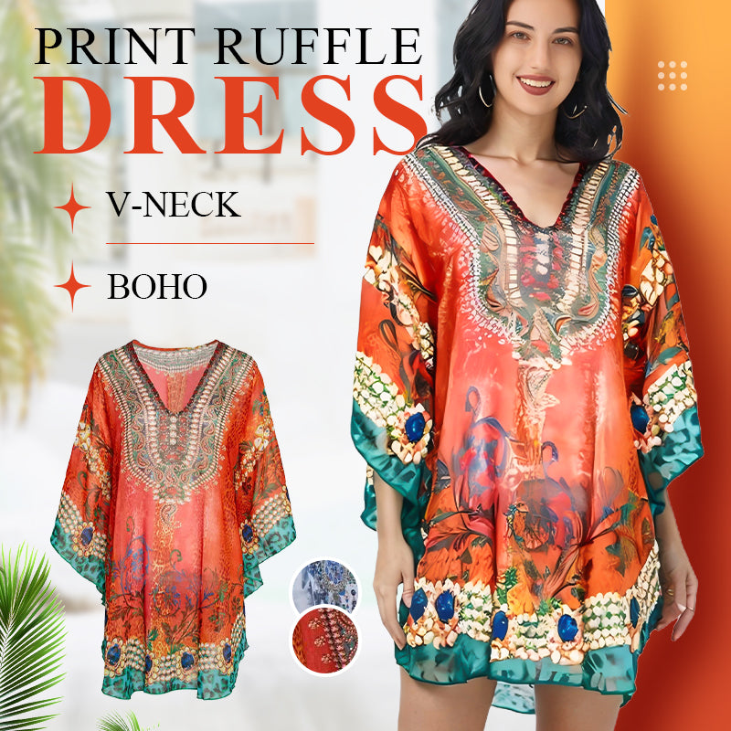 V-Neck Boho Print Ruffle Dress