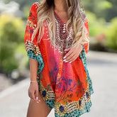 V-Neck Boho Print Ruffle Dress