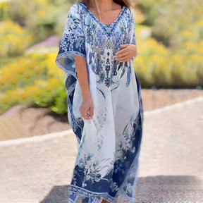 V-Neck Boho Print Ruffle Dress
