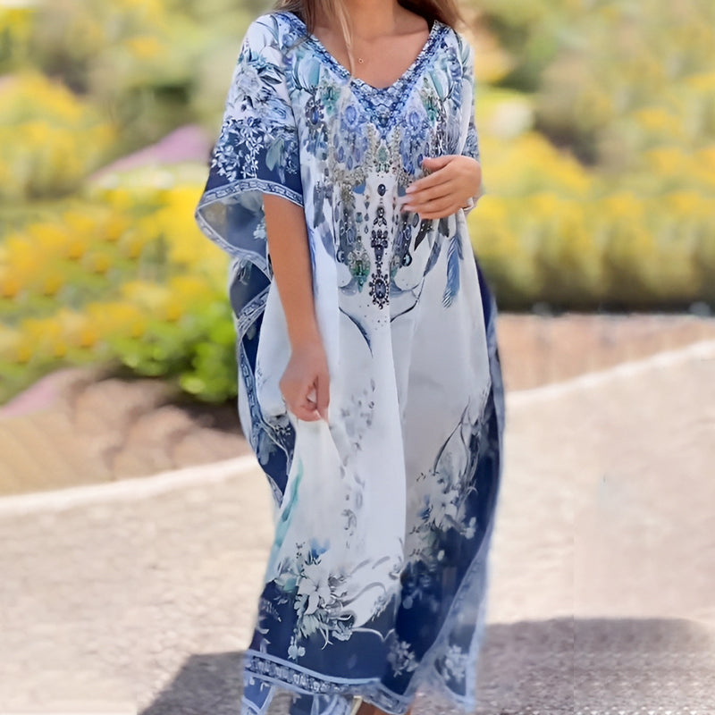 V-Neck Boho Print Ruffle Dress