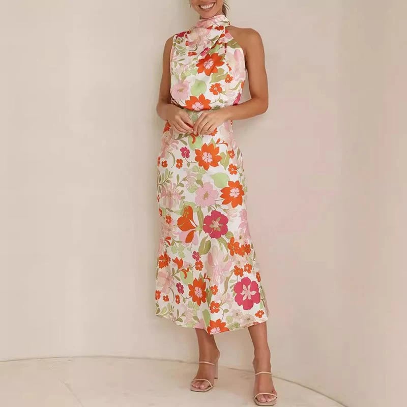 Love In The Garden Floral Halter Neck Elastic Waist Maxi Dress