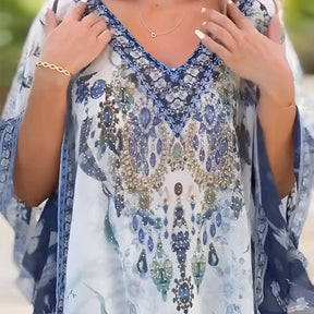 V-Neck Boho Print Ruffle Dress