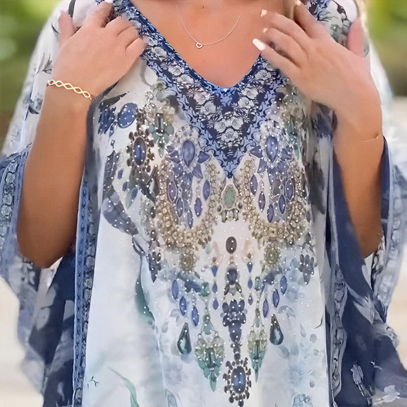V-Neck Boho Print Ruffle Dress