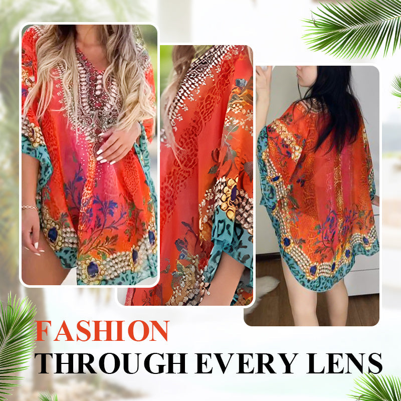 V-Neck Boho Print Ruffle Dress