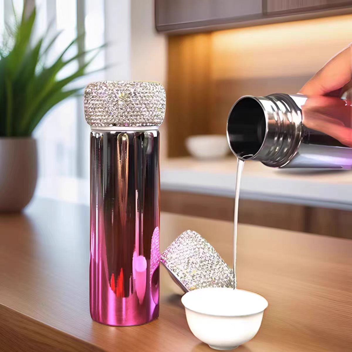 Elegant Lady Portable Diamond Wall Stainless Steel Bottle