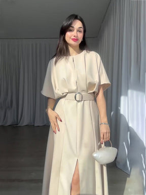 Elegant Round Neck Dress With High Waist And Slit (with belt)