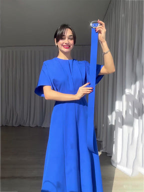 Elegant Round Neck Dress With High Waist And Slit (with belt)