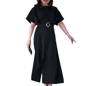 Elegant Round Neck Dress With High Waist And Slit (with belt)