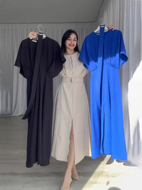 Elegant Round Neck Dress With High Waist And Slit (with belt)