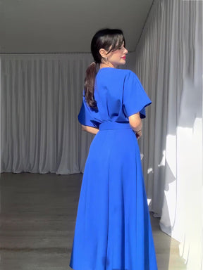 Elegant Round Neck Dress With High Waist And Slit (with belt)