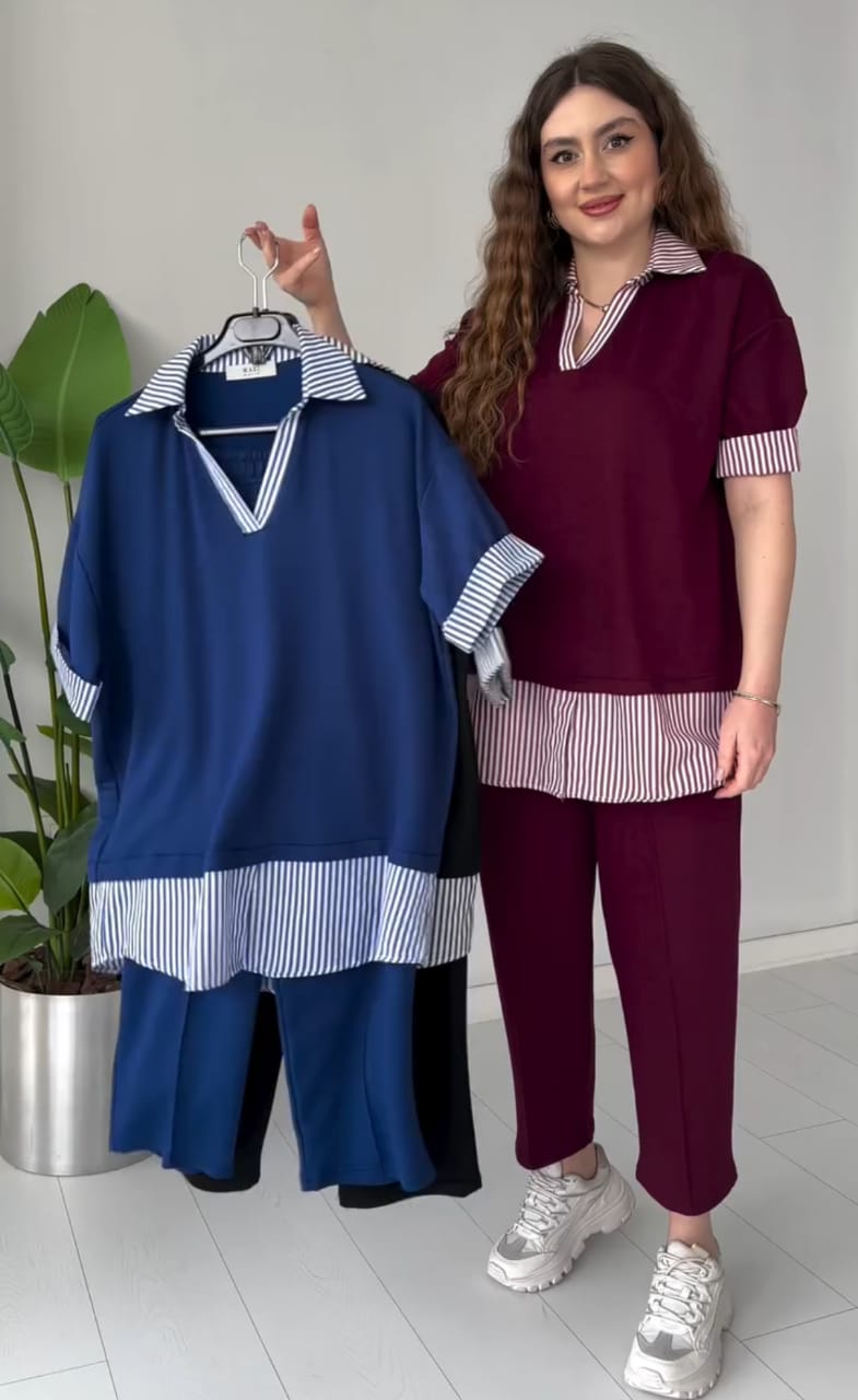 Striped-Collar Layered Modal Lounge Set