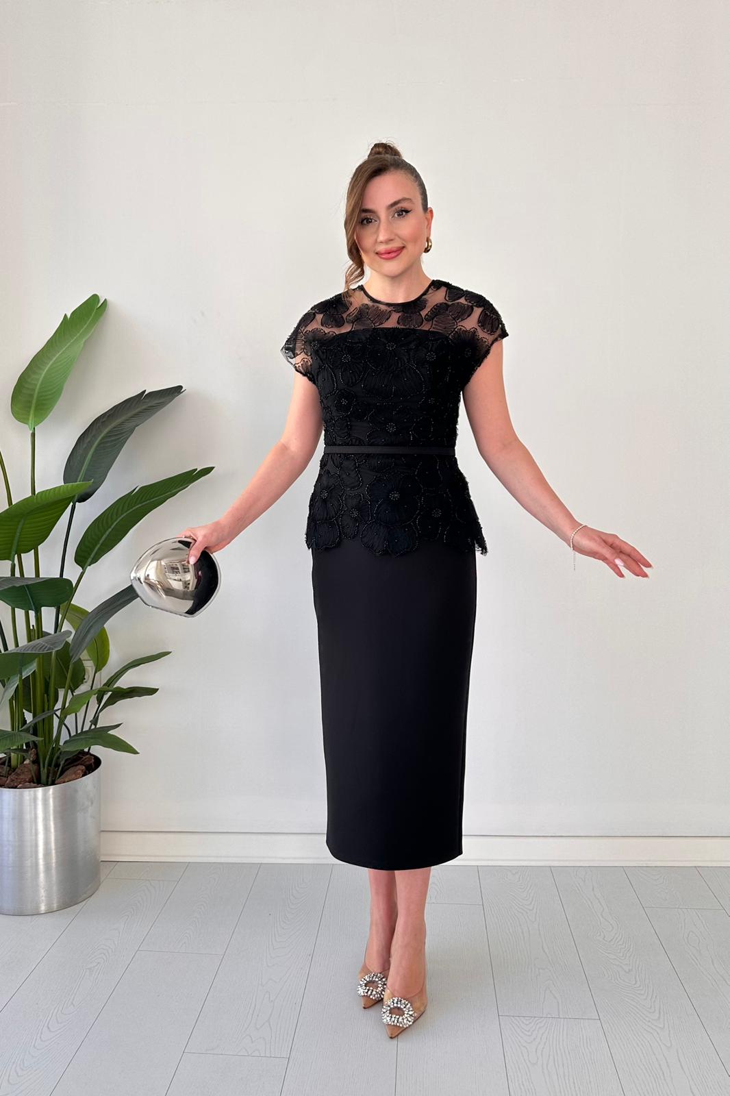 Black Beaded Floral Lace Peplum Midi Dress