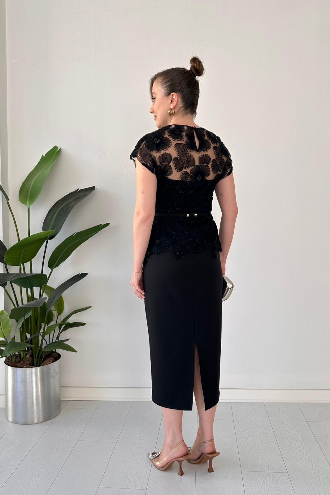 Black Beaded Floral Lace Peplum Midi Dress