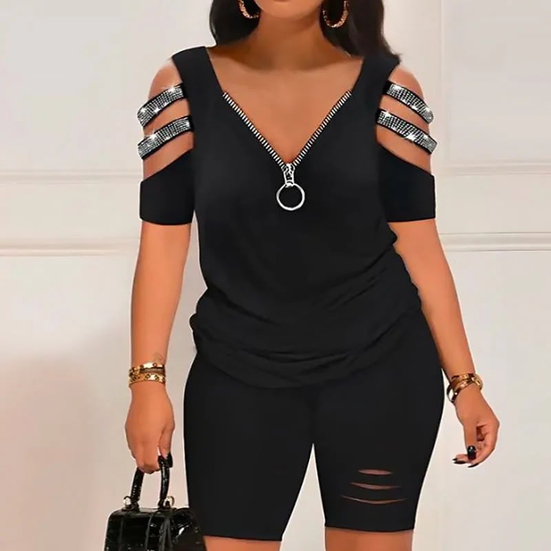 ⏰V-Neck Zipper Top & Shorts Set