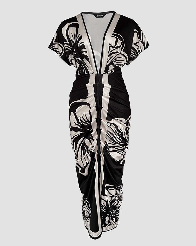 Women's Elegant V-Neck Printed Bodycon Dress