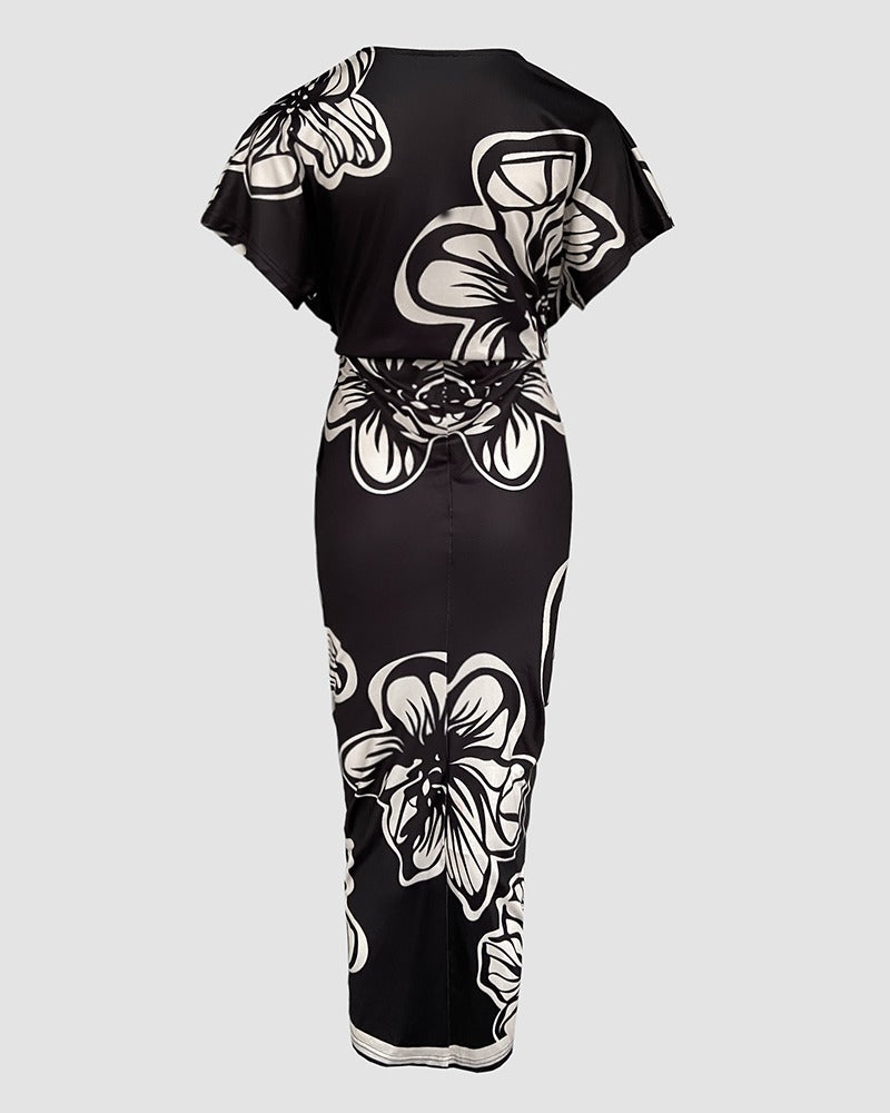 Women's Elegant V-Neck Printed Bodycon Dress