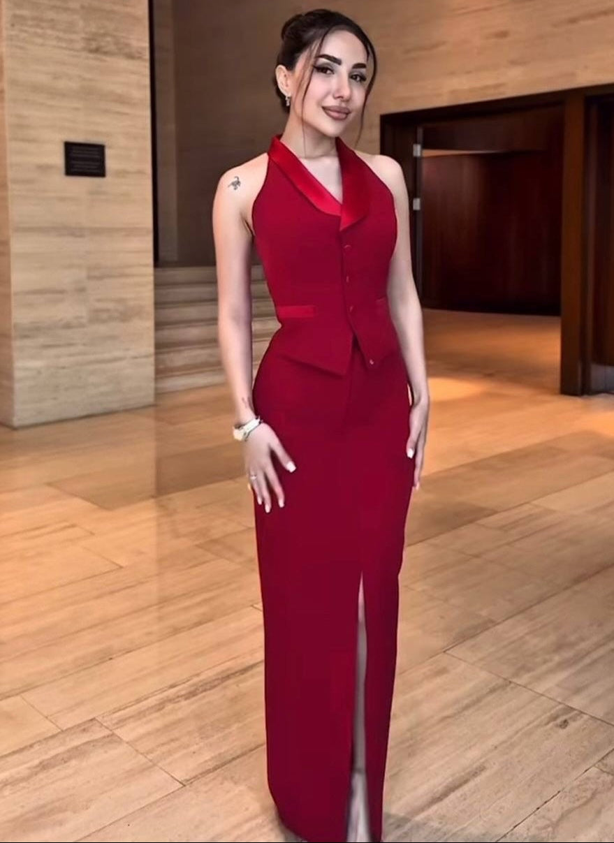 2025 New Design👗 Draped Collar Vest & Slit Skirt Set