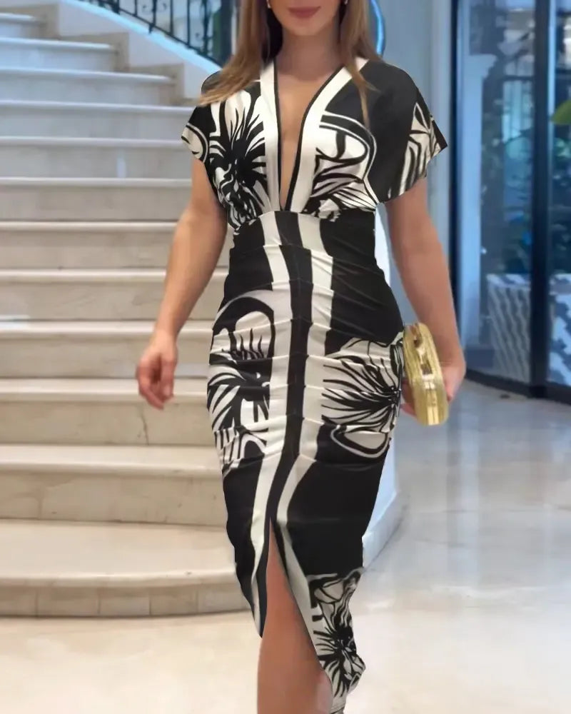 Women's Elegant V-Neck Printed Bodycon Dress