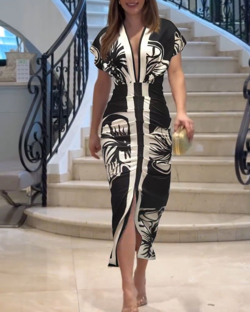 Women's Elegant V-Neck Printed Bodycon Dress