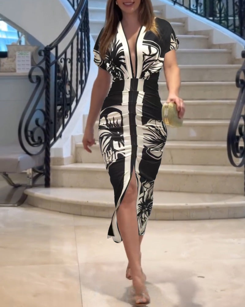 Women's Elegant V-Neck Printed Bodycon Dress