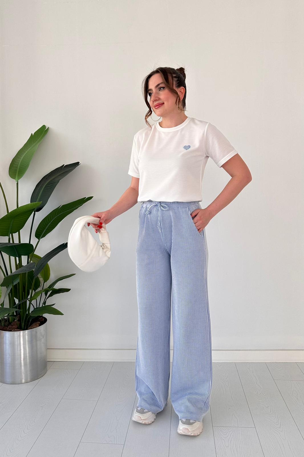Cotton Embroidered Heart Tee & Striped Pants Set