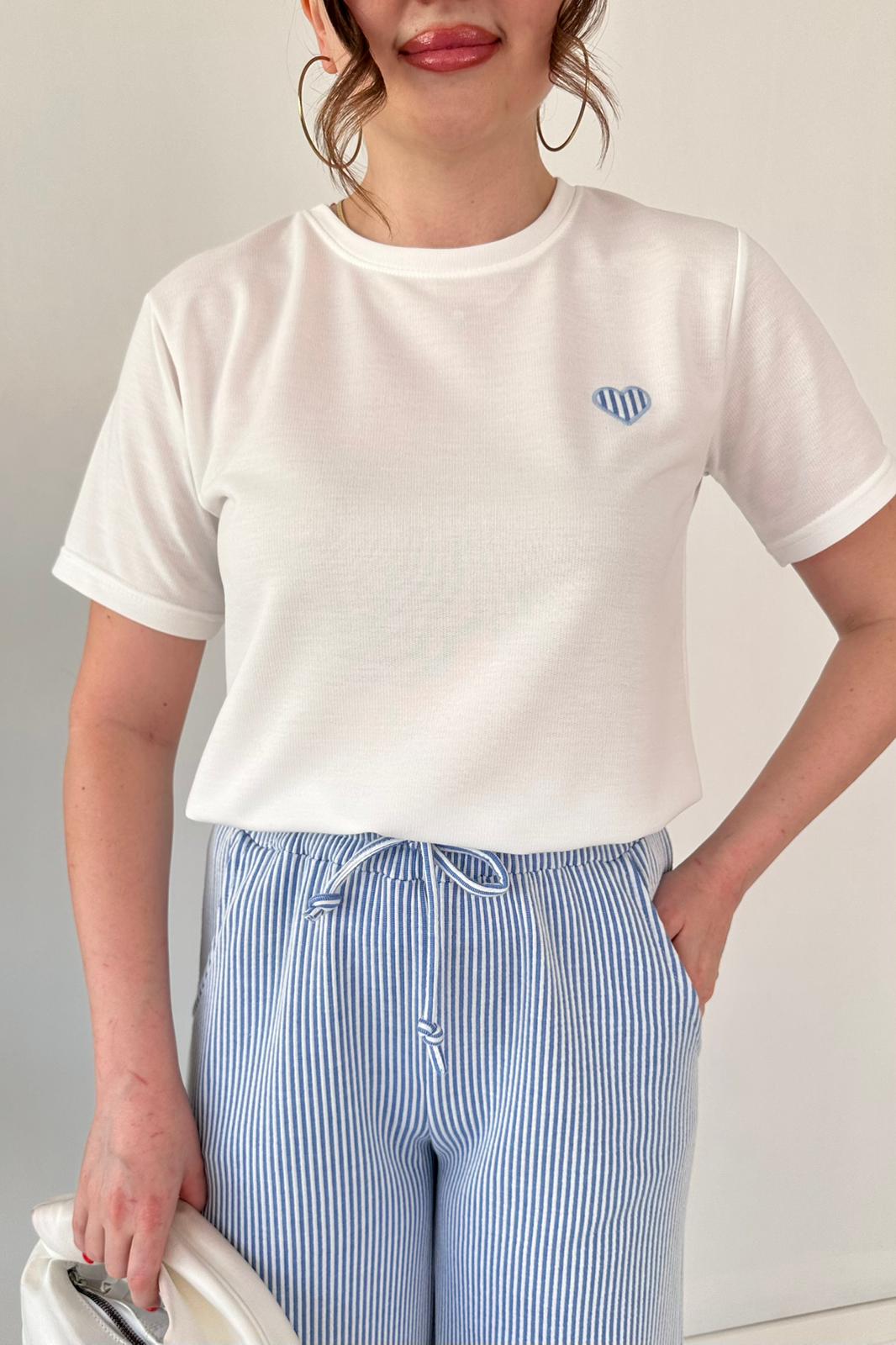Cotton Embroidered Heart Tee & Striped Pants Set