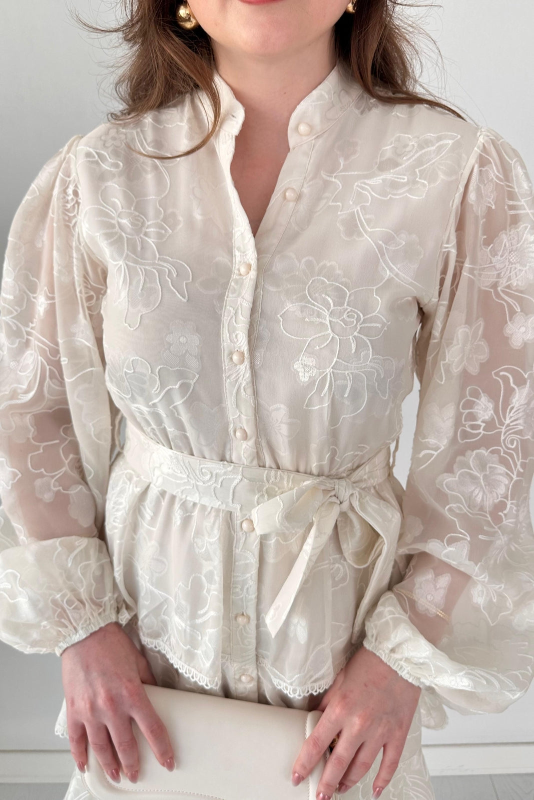 Chiffon Floral Embroidered Tiered Belted Dress.