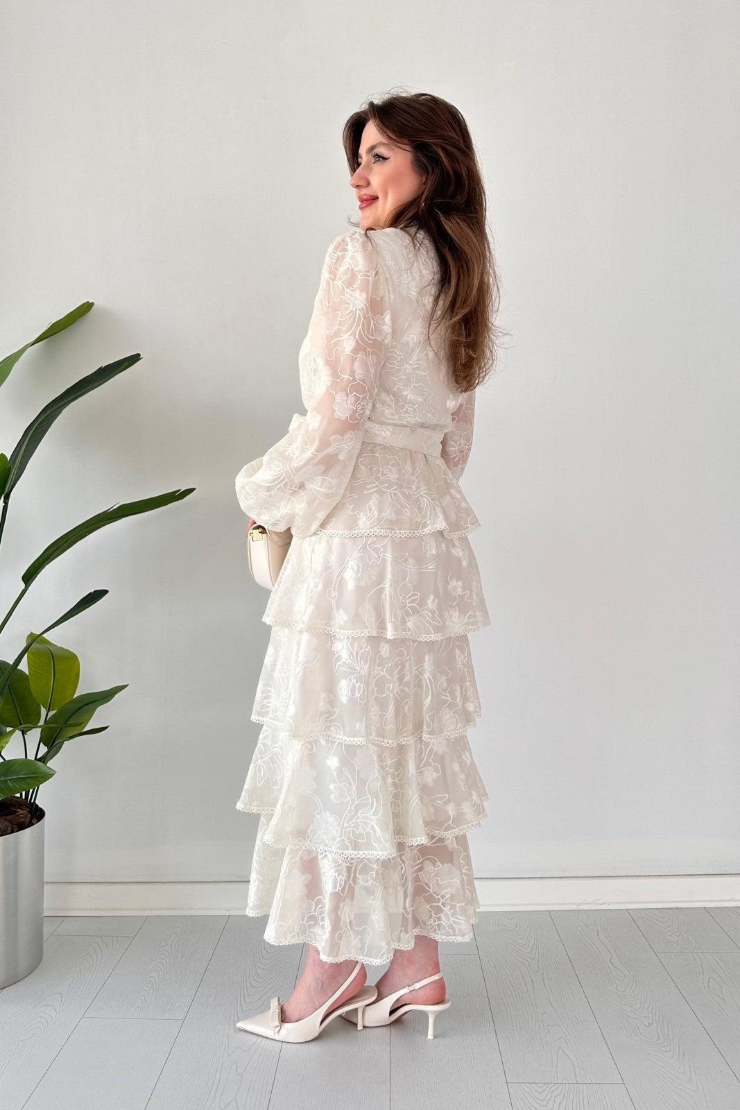 Chiffon Floral Embroidered Tiered Belted Dress.