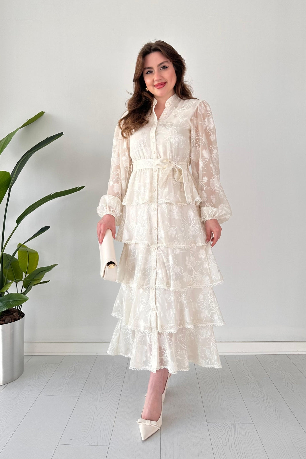 Chiffon Floral Embroidered Tiered Belted Dress.