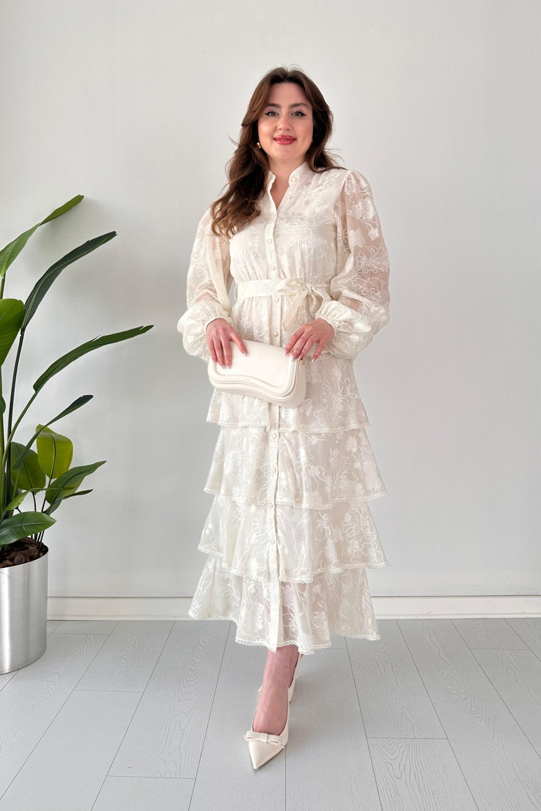 Chiffon Floral Embroidered Tiered Belted Dress.