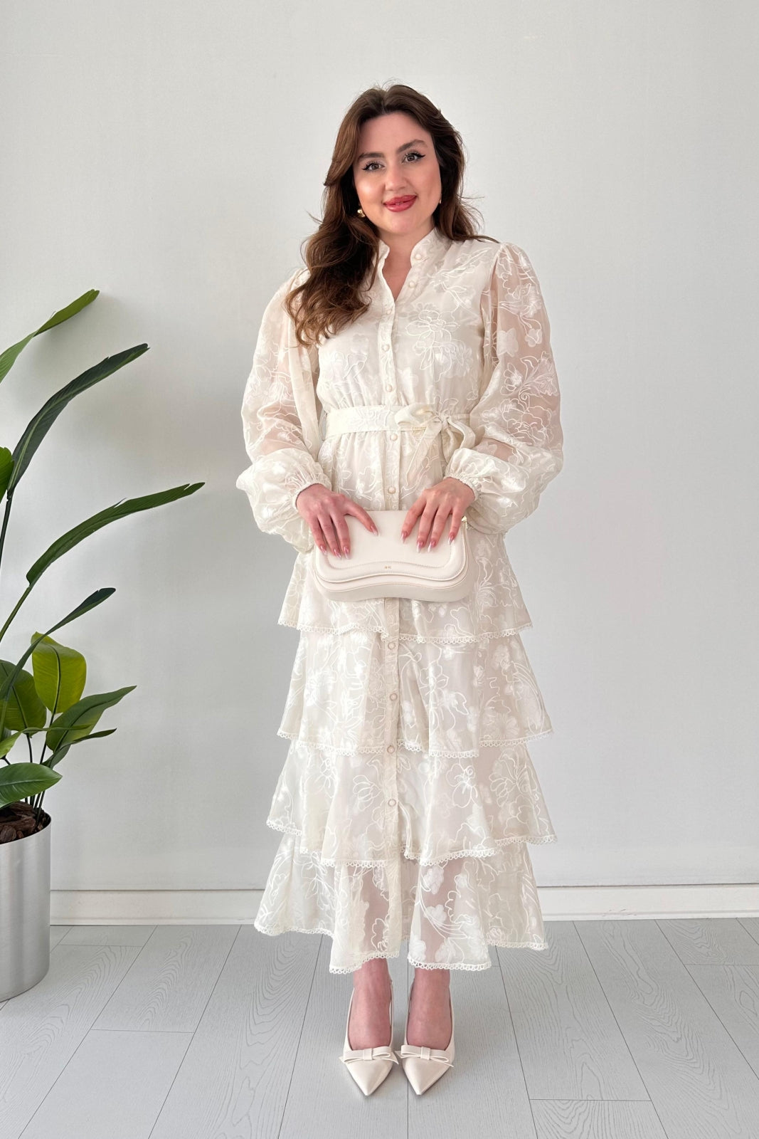 Chiffon Floral Embroidered Tiered Belted Dress.