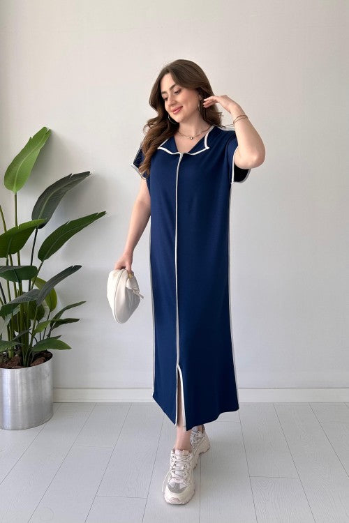 Contrast-Piped Modal Maxi Dress